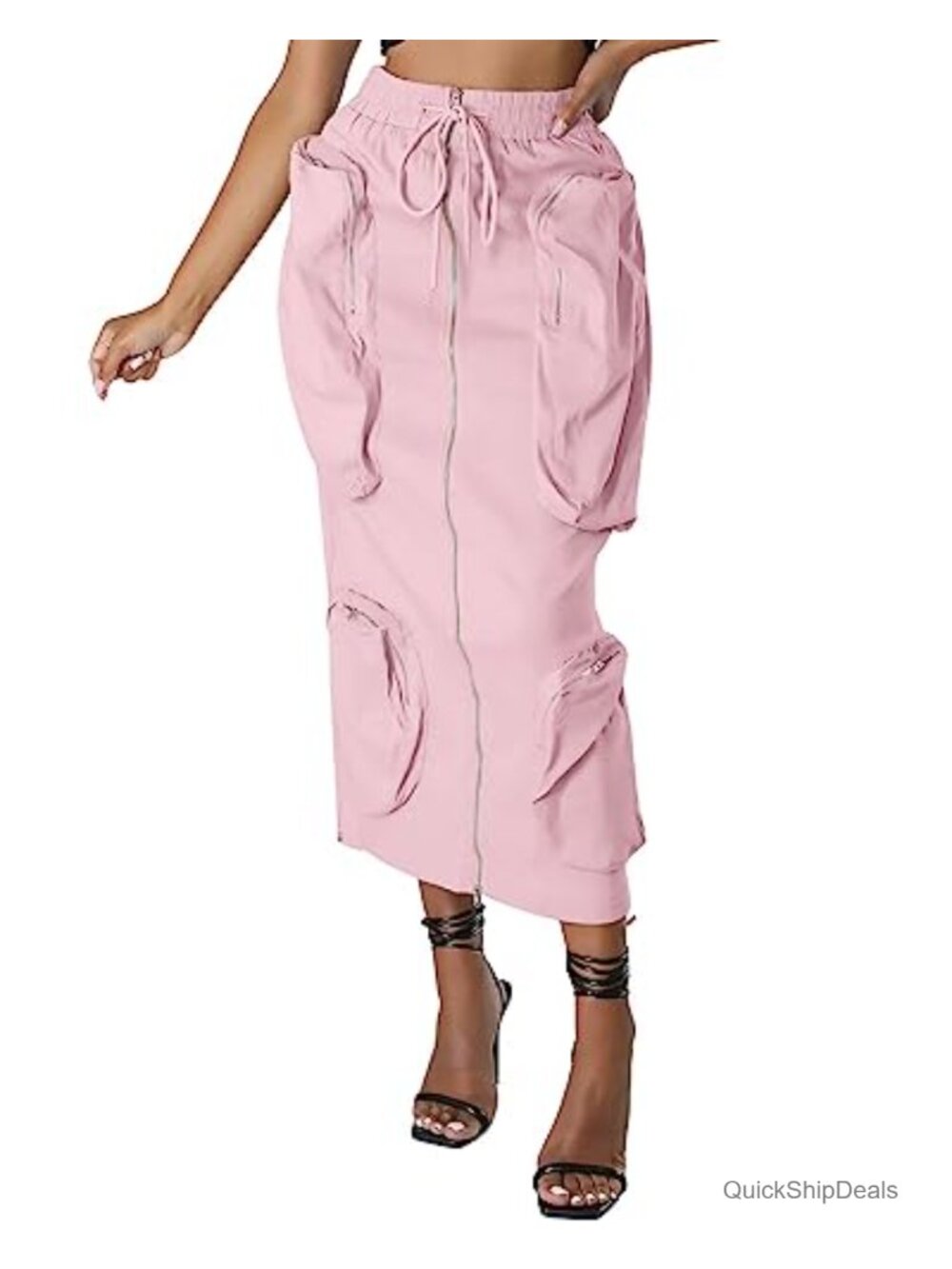 Vintage 90s Drawstring Stretchy Zipper Multi-Pockets Long Cargo Skirt High